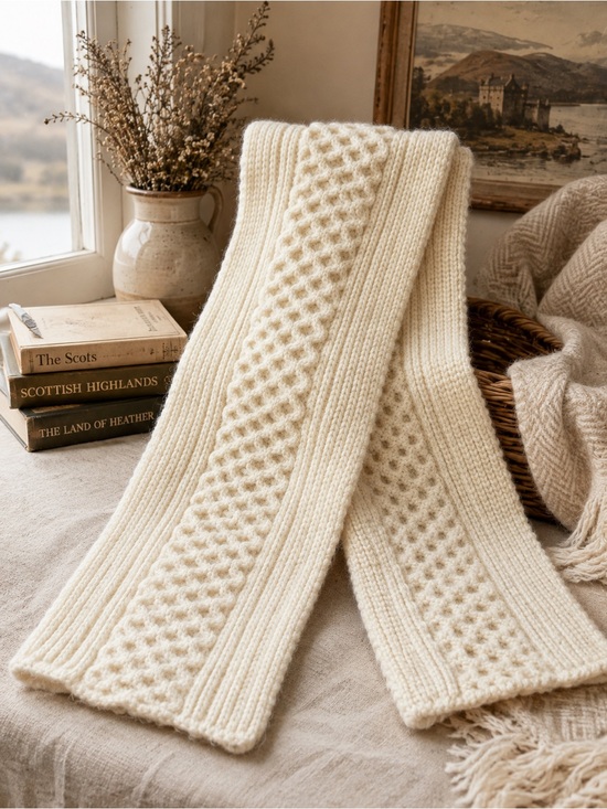 Accessories - Vintage Scottish 100% Wool Cable Knit Scarf Cream Made in Scotland Aran